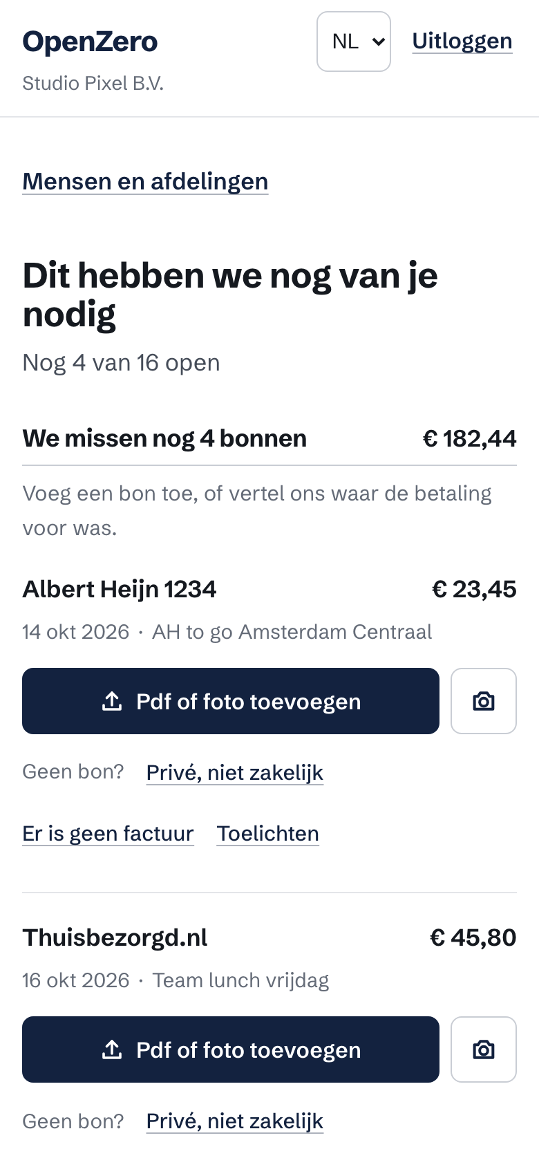 Het klantportaal op een telefoon, met de bankregels waar nog een bon bij moet